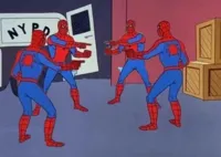 4 Spiderman pointing at each other