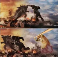 Cheems chasing Kong and Godzilla with a baseball bat