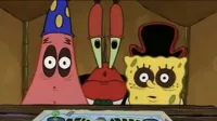 Spongebob and patrick with mr krabs behind them