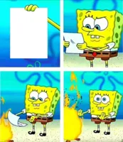 Spongebob putting paper in fire